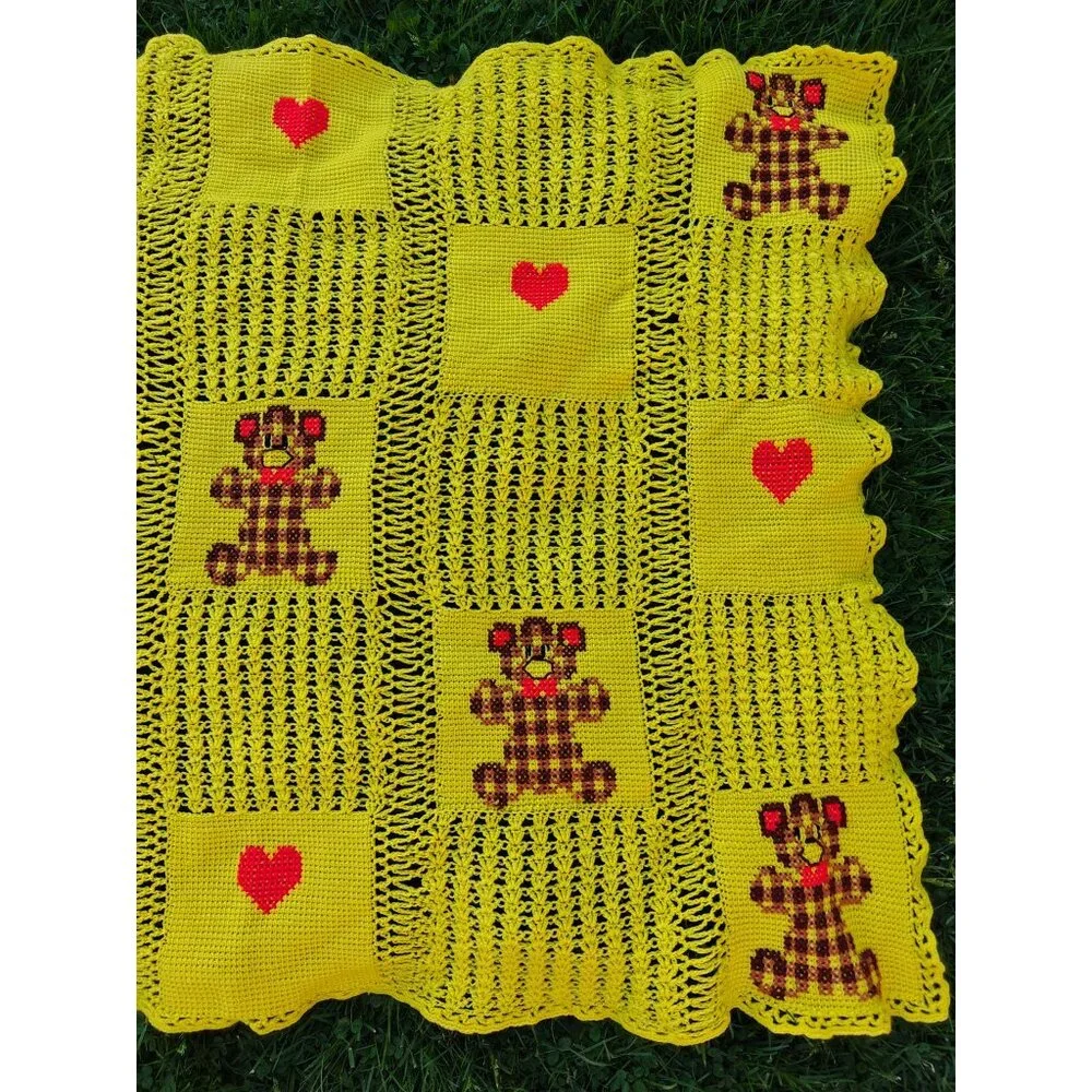 Vintage Handmade Crochet Baby Blanket Yellow With Brown Teddy & Heart Pattern